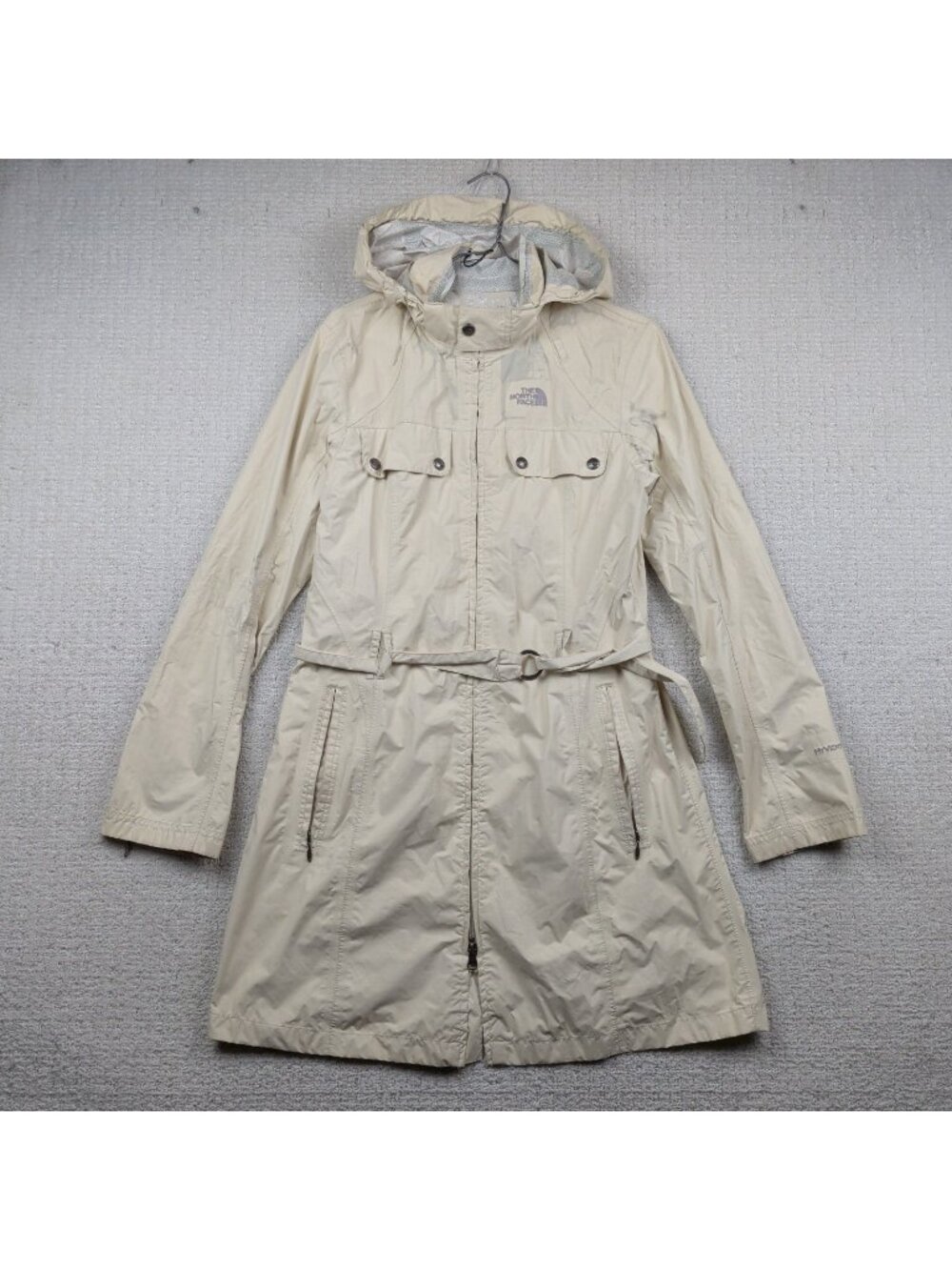 The North Face Coat Womens M Cream HyVent Belted Hooded Rain Trench Jacket Read
